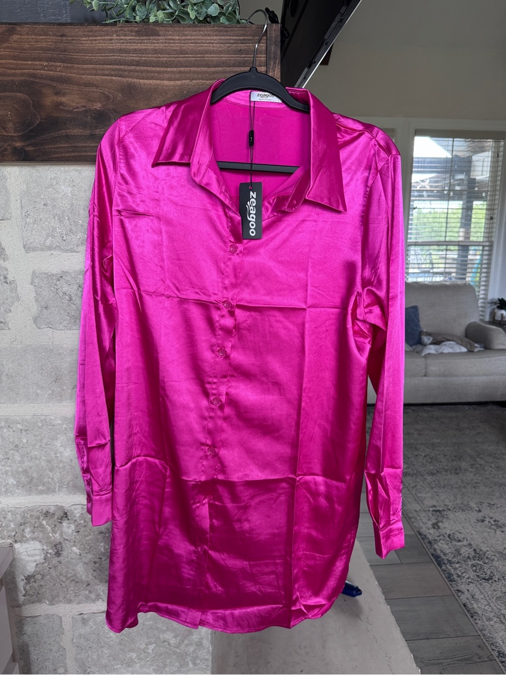 New with tags. Zeagoo Hot Pink Satin Button-Up Shirt Dress